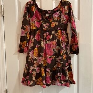 Lands End Kids Boho Brown Floral Dress, Size 7
